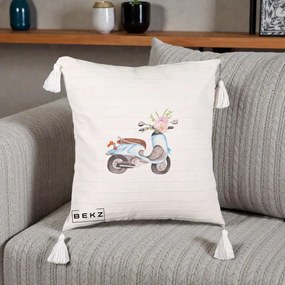 Perna Decorativa Scuter Albastru cu Flori Acuarela, 40x40 cm, Bej cu Franjuri, Husa Detasabila, Perna Inclusa, BEKZ®