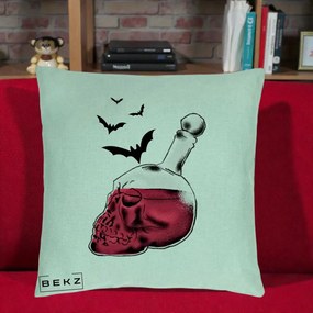 Perna Decorativa Halloween Craniu-Sticla cu Lilieci, 40x40 cm, Verde Menta, Husa Detasabila, Perna Inclusa, BEKZ®