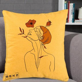 Perna Decorativa Portret Feminin Mac Privire Inalta, 40x40 cm, Galben, Husa Detasabila, Perna Inclusa, BEKZ®