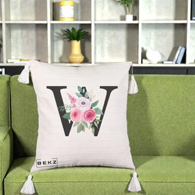 Cadou Personalizat - Perna Personalizata Monograma Florala Litera W cu Trandafiri si Anemona, 40x40 cm, Bej cu Franjuri, Husa Detasabila, Perna Inclusa, BEKZ®