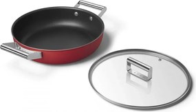 Oală joasă cu capac Smeg CKFD2811RDM, 28 cm, 3,7 l, acoperire antiaderentă cu 3 straturi, rezistentă la cuptor până la 250 °C, fără PFAS, compatibilă cu plitele cu inducție, roșie
