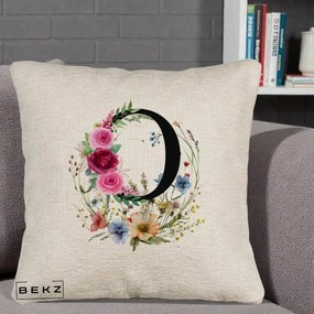 Cadou Personalizat - Perna Personalizata Monogram Litera O cu Flori Acuarela, 40x40 cm, Bej Canapea, Husa Detasabila, Perna Inclusa, BEKZ®