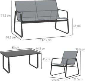 Outsunny Set Mobilier de Grădină din 4 Piese, cu Bancă de Exterior cu 2 Locuri, 2 Scaune și Măsuță de Cafea cu Blat din Sticlă Securizată, Set Mobilier de Exterior din Metal și Textilenă, Gri Deschis | Aosom Romania
