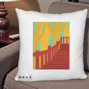 Perna Decorativa Scari Toamna Peisaj Grafic, 40x40 cm, Alb Pufos, Husa Detasabila, Perna Inclusa, BEKZ®