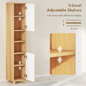 HOMCOM Dulap de Baie înalt cu Uși, 2 Rafturi Deschise, 2 Dulapuri, Dulap de Baie Economisitor de Spațiu cu Rafturi Reglabile pentru Sala de Mese Sufragerie, 30x30x166 cm, Alb și Lemn | Aosom Romania