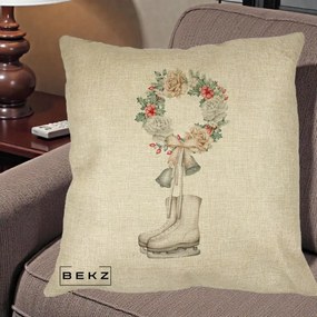 Perna Decorativa Patine cu Coroana Florala de Craciun, 40x40 cm, Crem, Husa Detasabila, Perna Inclusa, BEKZ®