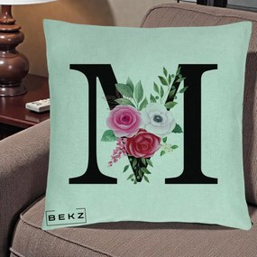 Cadou Personalizat - Perna Personalizata Monograma Florala Litera M cu Trandafiri si Anemona, 40x40 cm, Verde Menta, Husa Detasabila, Perna Inclusa, BEKZ®