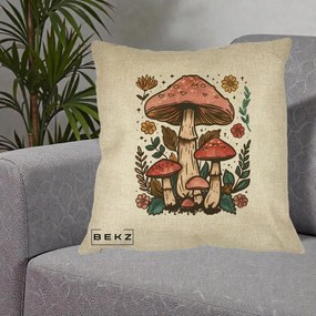 Perna Decorativa Ciuperci Vintage Floral, 40x40 cm, Crem, Husa Detasabila, Perna Inclusa, BEKZ®