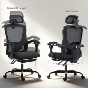 HOMCOM Scaun de birou ergonomic, fotoliu din plasă cu tetieră reglabilă, suport lombar, 64x64x124cm, negru | Aosom Romania