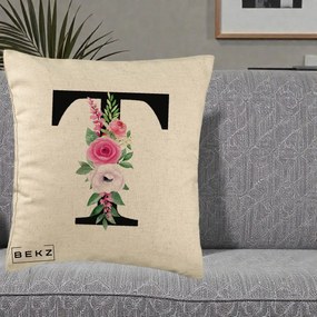 Cadou Personalizat - Perna Personalizata Monograma Florala Litera T, 40x40 cm, Bej, Husa Detasabila, Perna Inclusa, BEKZ®