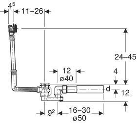 Sifon pentru cadă, Geberit, cu preaplin, acționare prin rotire, d52, lungime 26 cm, cu set gata de instalare, crom