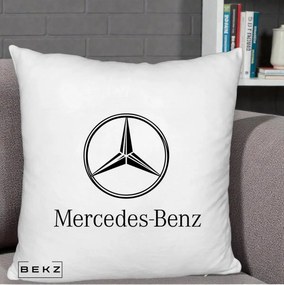 Perna Personalizata cu emblema Mercedes-Benz, 40x40 cm, Alb Pufos, Husa Detasabila, Perna Inclusa, BEKZ®