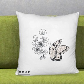 Perna Decorativa Fluture si Flori Linie Monocroma, 40x40 cm, Alb Pufos, Husa Detasabila, Perna Inclusa, BEKZ®