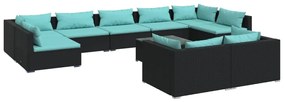 Set mobilier de gradina cu perne, 10 piese, negru, poliratan negru si albastru acvatic, 4x colt + 5x mijloc + masa, 1