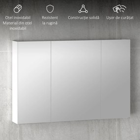 kleankin Dulap de Baie Suspendat cu Oglindă cu 3 Uși, Alb | Aosom Romania