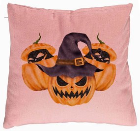 Perna Decorativa cu motiv Dovleac de Halloween 3, 40x40 cm, Roz, Husa Detasabila, Burduf