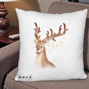 Perna Decorativa Ren cu Luminite de Craciun, 40x40 cm, Alb Pufos, Husa Detasabila, Perna Inclusa, BEKZ®