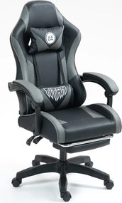 RESIGILAT- Scaun gaming, masaj în perna lombară, suport picioare, piele PU, Negru/Gri