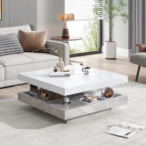 Măsuță de cafea lucioasă, rotativă la 360°, cu blat pe 2 niveluri și compartiment de depozitare, 70x70x36 cm, Alb