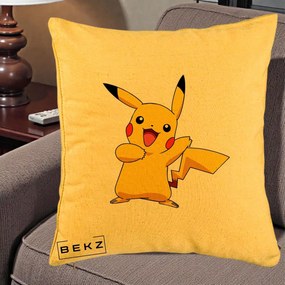 Perna Personalizata Pikachu Fericit, 40x40 cm, Galben, Husa Detasabila, Perna Inclusa, BEKZ®