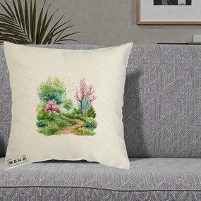 Perna Decorativa Gradina Primavara Acuarela, 40x40 cm, Ecru, Husa Detasabila, Perna Inclusa, BEKZ®