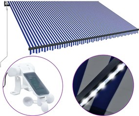 vidaXL Copertină cu senzor vânt & LED, albastru & alb, 500x300 cm