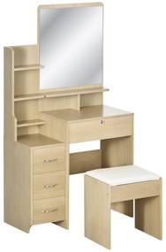 HOMCOM Set de coafare masa de machiaj cu taburet tapitat mare oglinda + rafturi deschise multiple + 4 sertare lemn natural | Aosom Romania