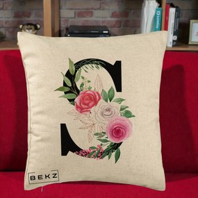 Cadou Personalizat - Perna Personalizata Monograma Florala Litera S, 40x40 cm, Bej, Husa Detasabila, Perna Inclusa, BEKZ®