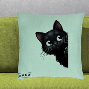 Perna Decorativa Pisica Neagra Dragalasa Curioasa, 40x40 cm, Verde Menta, Husa Detasabila, Perna Inclusa, BEKZ®