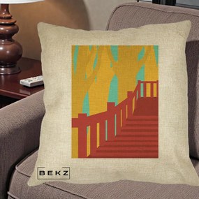 Perna Decorativa Scari Toamna Peisaj Grafic, 40x40 cm, Crem, Husa Detasabila, Perna Inclusa, BEKZ®