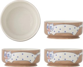 Set 4 boluri din ceramică artizanală, multicolor, pictate manual cu pisici și buline, 14,5x6 cm, 715 ml, „Missy"