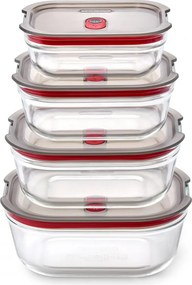 Set de 4 cutii pentru alimente Black+Blum Stack+Nest FBGR-BX-PACK4, 0,38/0,6/0,9/1,2 l, dreptunghiulare, potrivite pentru cuptor, fără BPA, oțel inoxidabil, gri/roșu