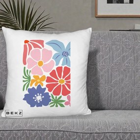 Perna Decorativa Flori Grafice Roz-Rosu-Albastru, 40x40 cm, Alb Pufos, Husa Detasabila, Perna Inclusa, BEKZ®