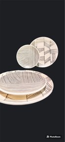 Set 12 Farfurii Ceramica (6 buc Desert 21cm, 6 buc Mari 26cm) Decorama Bej Deschis cu Pensulare Manuala Linii Neagre