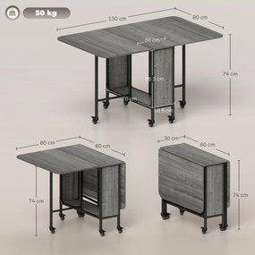 HOMCOM Masă Pliabilă, Rabatabilă pentru 4-6 Persoane cu Raft și 6 Roți, din Lemn și Metal, 130x80x74 cm, Gri | Aosom Romania