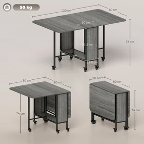 HOMCOM Masă Pliabilă, Rabatabilă pentru 4-6 Persoane cu Raft și 6 Roți, din Lemn și Metal, 130x80x74 cm, Gri | Aosom Romania
