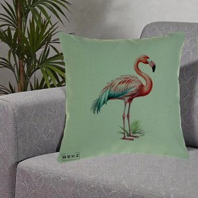 Perna Decorativa Flamingo Roz cu Pene Teal, 40x40 cm, Verde, Husa Detasabila, Perna Inclusa, BEKZ®