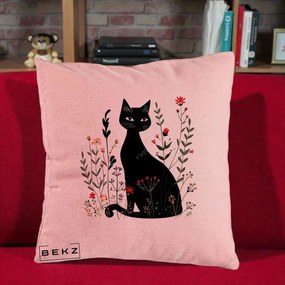 Perna Decorativa Pisica Neagra Botanica Rosu-Gri, 40x40 cm, Roz, Husa Detasabila, Perna Inclusa, BEKZ®
