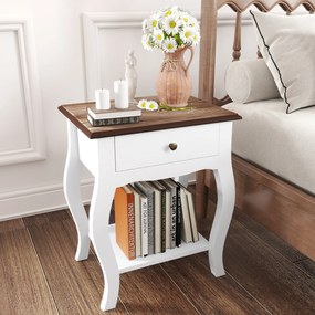 HOMCOM Set de 2 Noptiere cu Sertar Raft Deschis și Blat cu Efect de Stejar Stil Francez 45x35x55 cm Alb și Stejar | Aosom Romania
