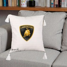 Perna Personalizata cu emblema Lamborghini, 40x40 cm, Bej cu Franjuri, Husa Detasabila, Perna Inclusa, BEKZ®