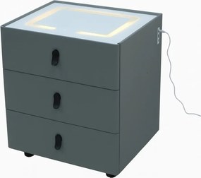 RESIGILAT- Noptieră inteligentă, încărcare Wireless și port USB+USB C, 3 sertare, 3 tipuri de iluminare LED touch, 3 tipuri de culoare, sticla securizata, Gri