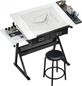 HOMCOM Masă de desen cu taburet și 2 sertare, înălțime reglabilă, blat înclinabil 0° à 60°, 120 x 60 x 68-92 cm, alb | Aosom Romania