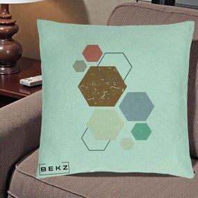 Perna Decorativa Geometric Hexagoane Multicolor, 40x40 cm, Verde Menta, Husa Detasabila, Perna Inclusa, BEKZ®