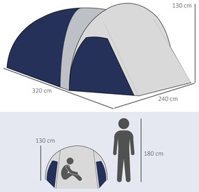 Outsunny Cort de camping 3/4 persoane în formă de dom ușor ventilat cu uși cu fermoar 320 x 240 x 130 cm bleu foncé gri deschis | Aosom Romania