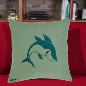 Perna Decorativa Rechin Albastru Cartoon, 40x40 cm, Verde, Husa Detasabila, Perna Inclusa, BEKZ®