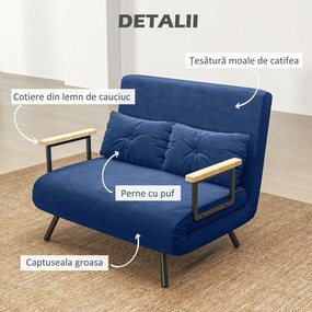 HOMCOM Canapea Pat de 2 Locuri cu Spătar Reglabil pe 5 Nivele și 2 Perne din Material Capitonat, 102x73x81 cm, Albastru | Aosom Romania