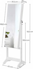 Dulap bijurerii cu oglinda, Songmics, Alb, 151.5x41x36.5 cm
