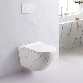 Set vas WC suspendat Inter Ceramic Rimless cu capac slim alb marmura finisaj lucios