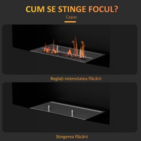 HOMCOM Șemineu pe Bioetanol 0,9L pentru Durată de 3,3 Ore, Șemineu Încorporabil din Oțel și Sticlă, 66x16x52 cm, Negru | Aosom Romania