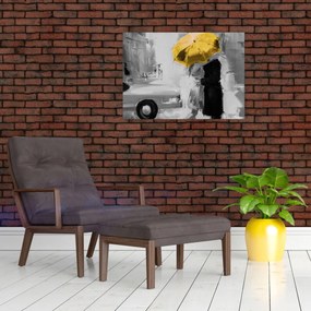 Tablou pe sticlă - Cuplu în dragoste sub o umbrelă, galben (70x50 cm)